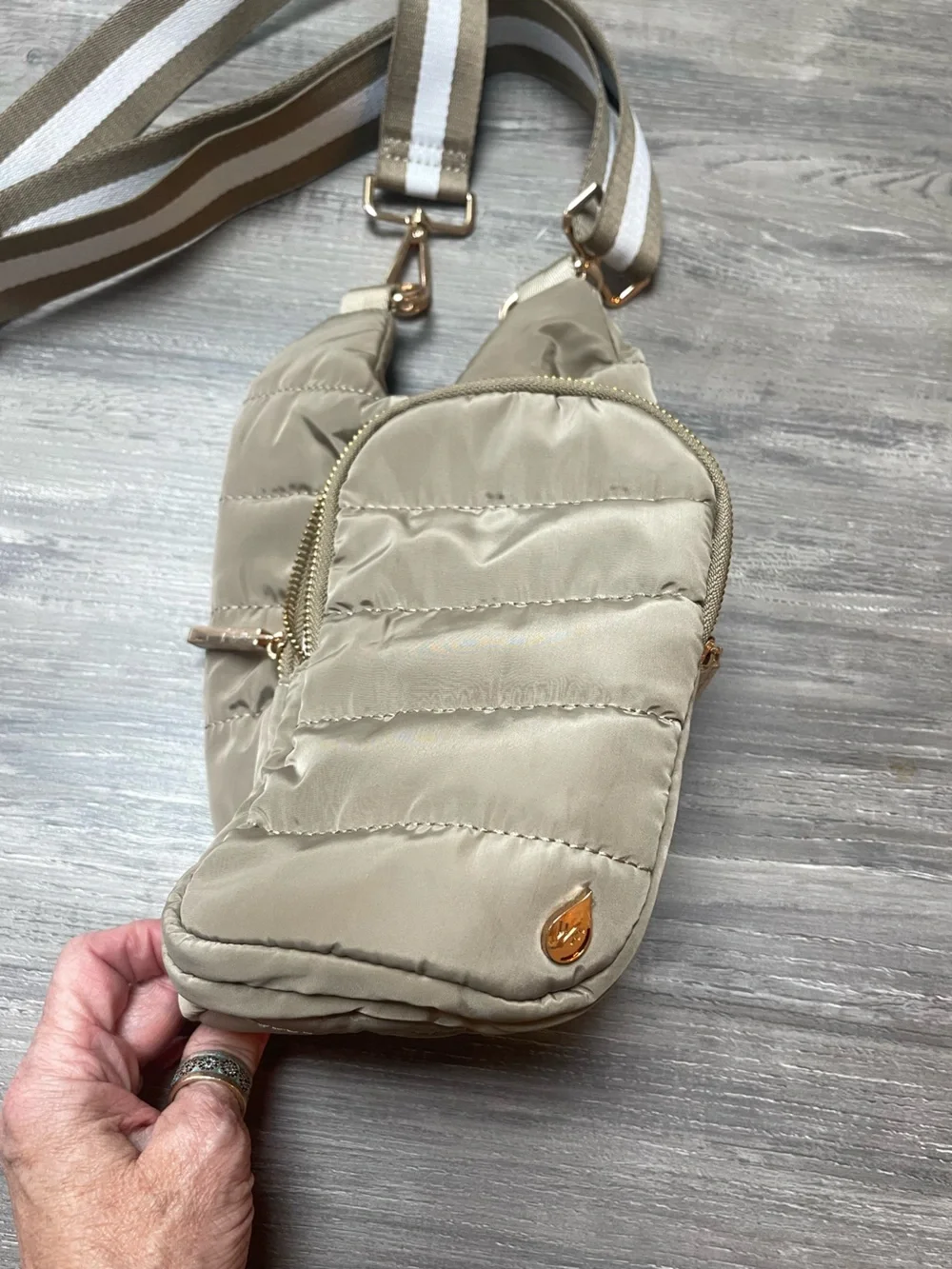 Quilted Light Beige Water Sling Bag with Gold Accent